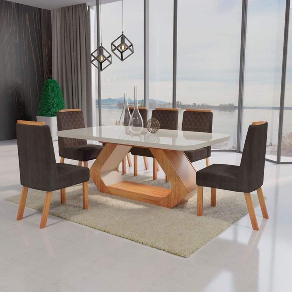 Conjunto Sala de Jantar com Tampo MDF/Vidro 160CMX80CM Mesa Lotus com 6 Cadeiras Viena Luxo Off White/Marromle/Marrom 80