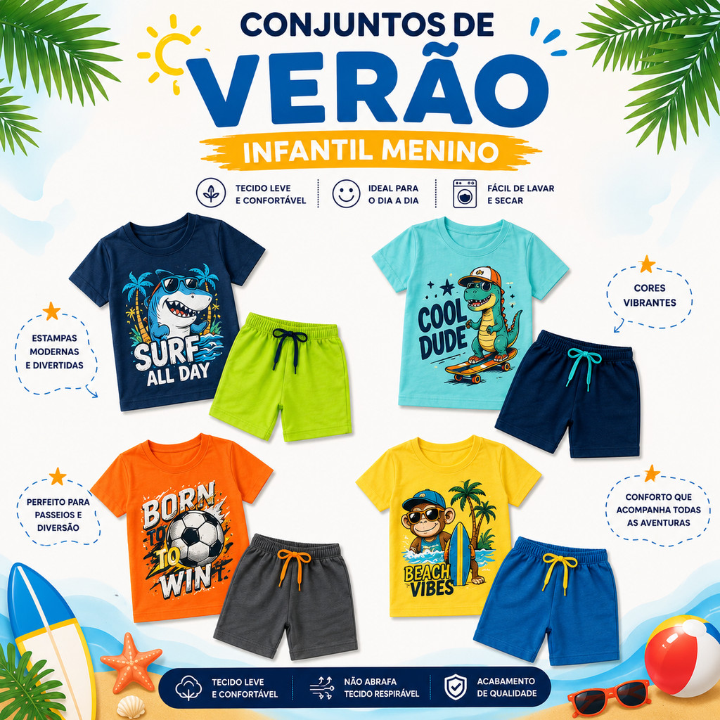 Kit Sortido 4 peças Roupa de Verão Infantil Masculina Conjunto Camiseta e Short Menino Conjunto de VERÃO Bebê Menino