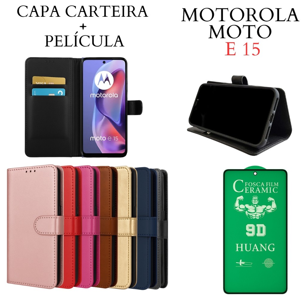 Capa Capinha Carteira + Película de Cerâmica Para Motorola Moto E15