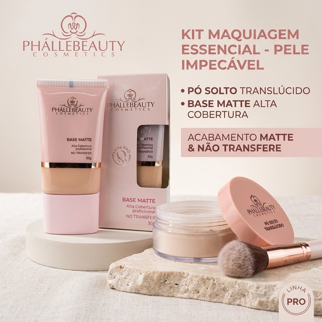 Kit Base Matte Alta Cobertura 30g + Pó Translucido PhálleBeauty - Acabamento Fosco Duradouro