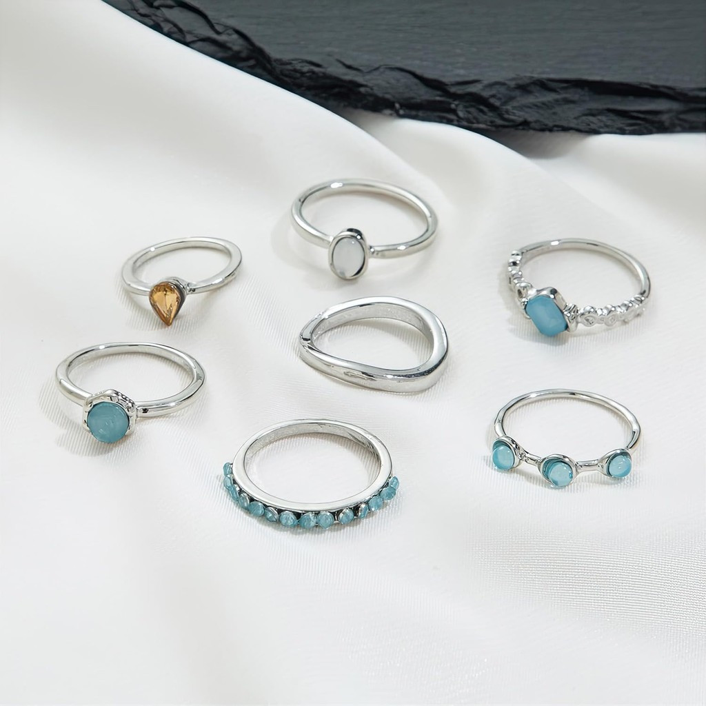 Conjunto de 7 Anéis para Mulheres, Anéis de Falange, Anéis Banhados a Ouro/Prata 14K, Ajustáveis, Anel Retrô, Presente d
