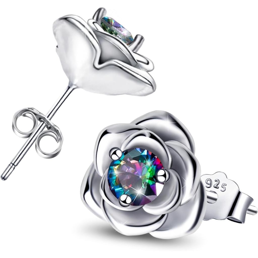 Brincos de Rosa para Mulheres - Brincos de Prata Esterlina Hipoalergênicos com Zircônia Cúbica Colorida em Forma de Rosa