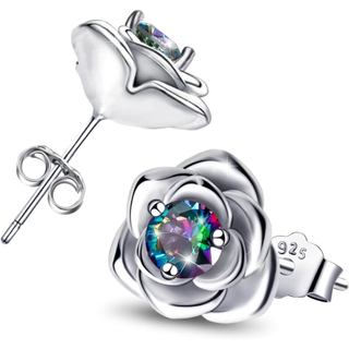 Brincos de Rosa para Mulheres - Brincos de Prata Esterlina Hipoalergênicos com Zircônia Cúbica Colorida em Forma de Rosa