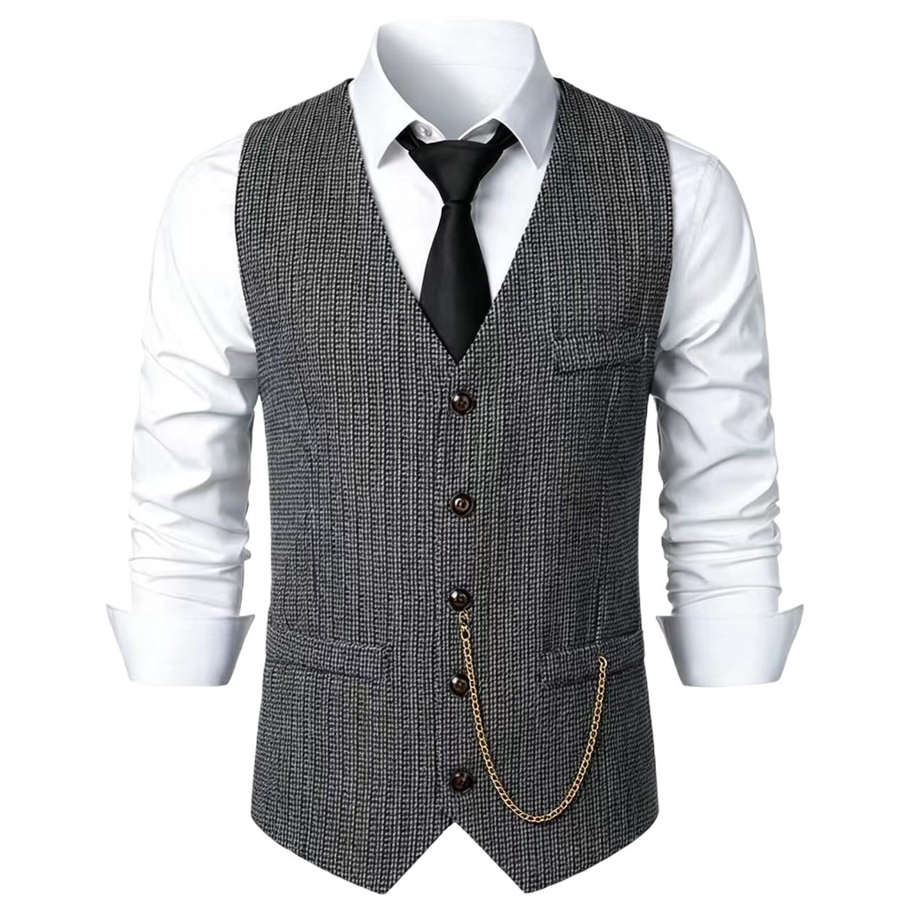 Terno De Tweed Masculino Colete Vintage Lã Espinha De Peixe De Baile Padrinhos (Incluindo Corrente)