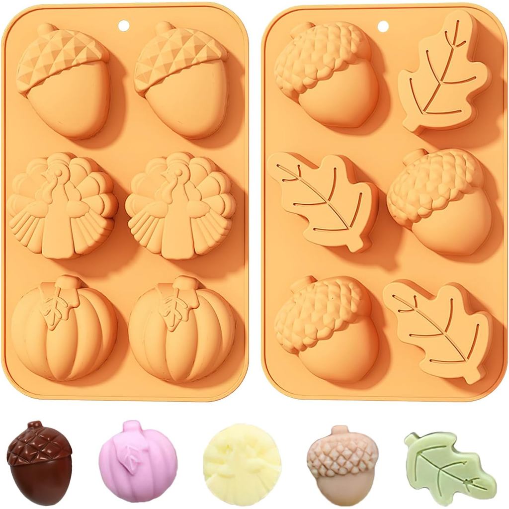 2 Moldes de Chocolate para o Dia de Ação de Graças, Moldes de Silicone 3D em Forma de Abóbora, Peru, Pinha e Folha de Ou