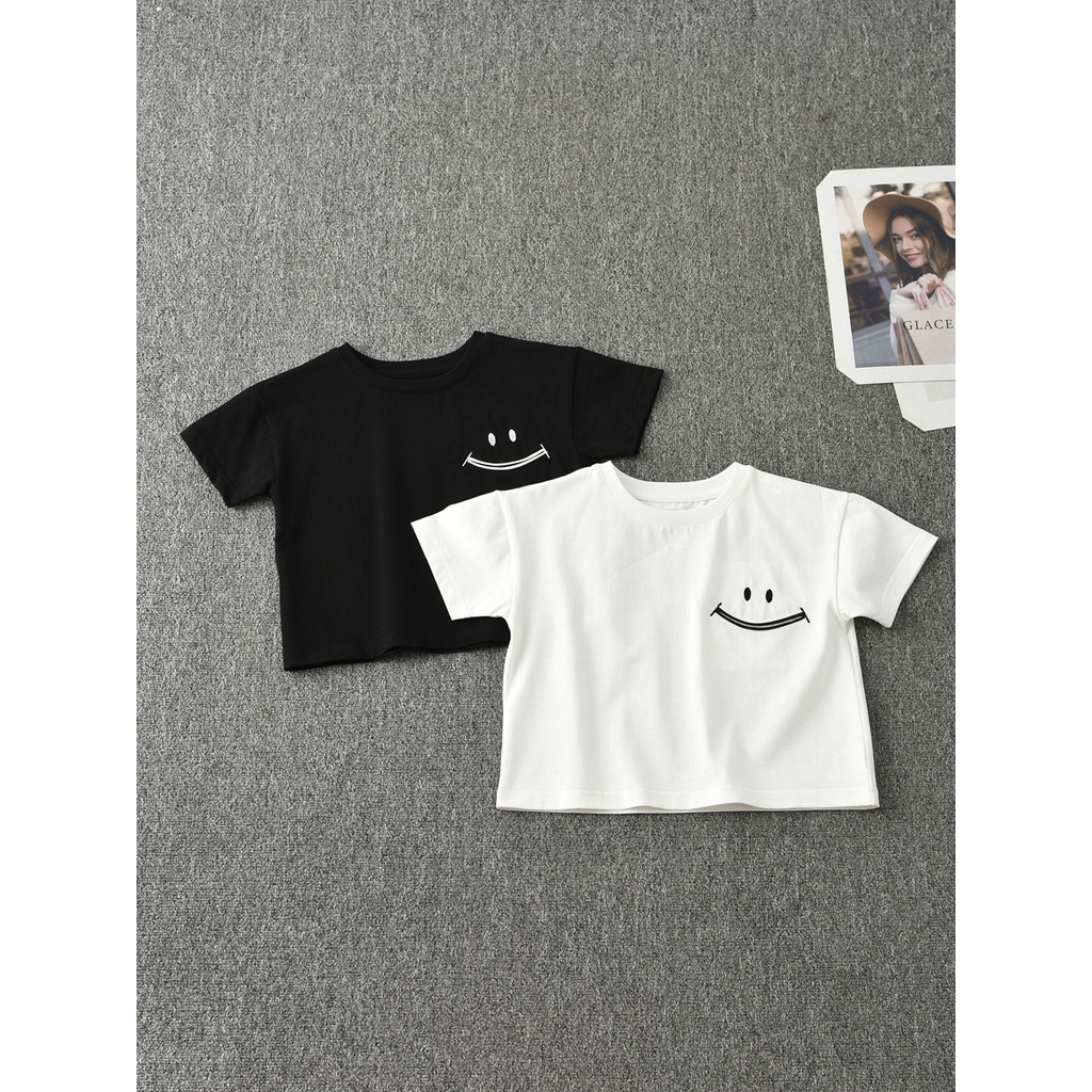 100% algodão meninos meninas crianças camiseta de manga curta simples moda Smiley bordado médio grande crianças camisa d