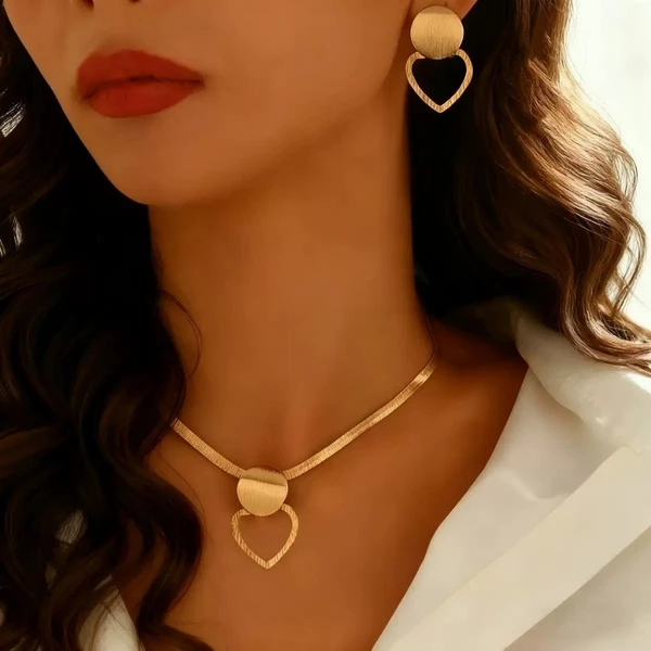 Conjunto colar e brincos coração aberto design moderno feminino banhado Ouro 18K e Prata925