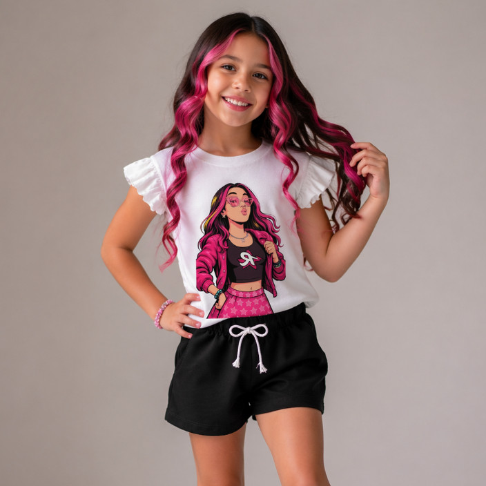 Conjunto Infantil Menina Blusa Branca Babado Estampa Emily Vick Fashion + Short Preto Roupa Infantil Estilosa