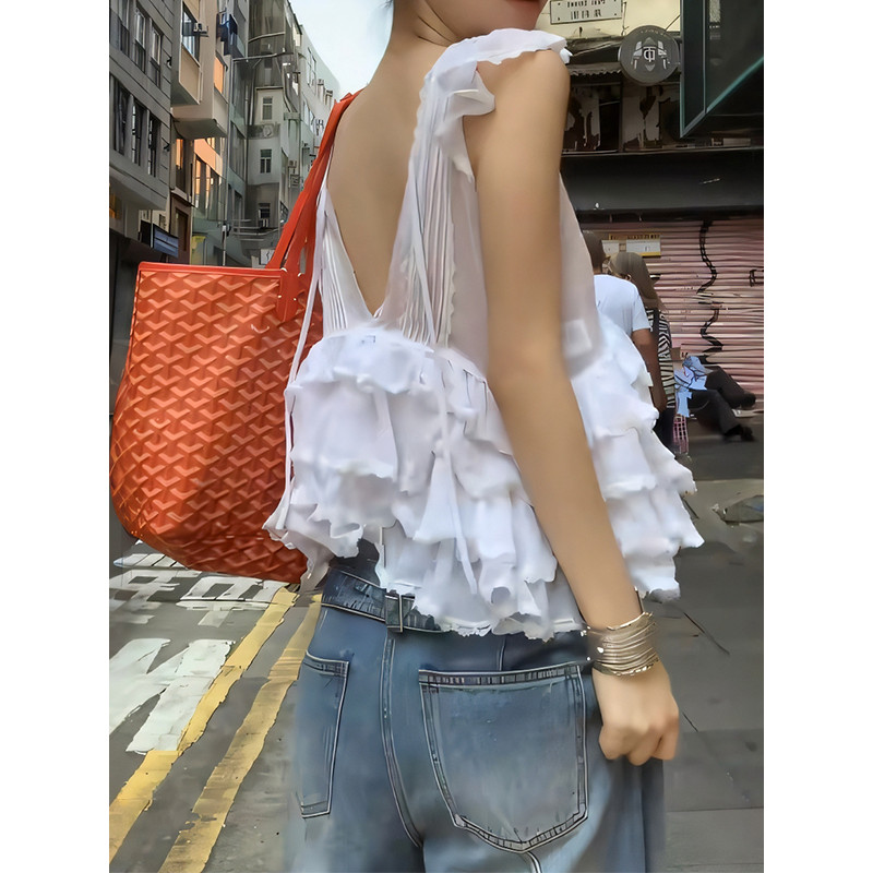 Branco babados costura camisa colete feminino verão Design nicho bonito único bonito volta renda topo