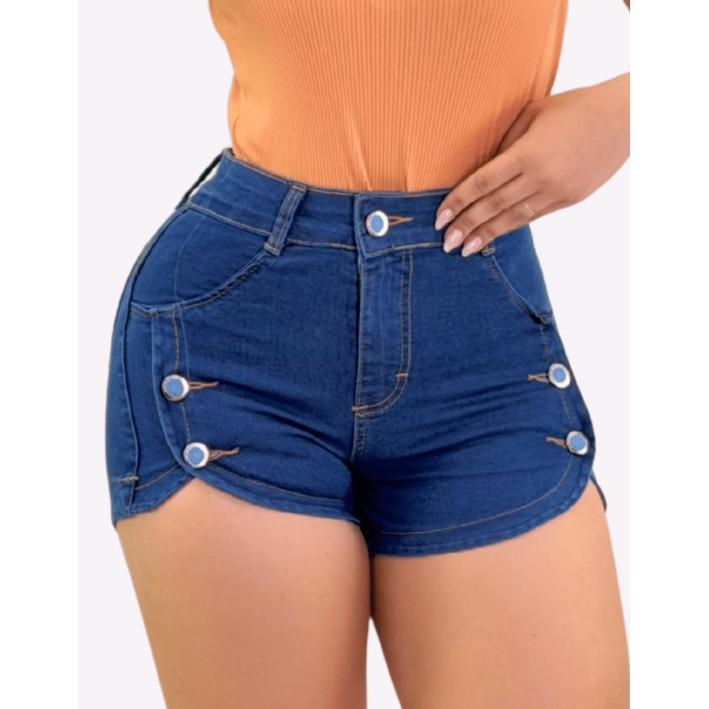 Short Jeans Feminino Cintura Alta com Lycra Modela Bumbum Azul Escuro com 5 Botões Laterais e Bolsos
