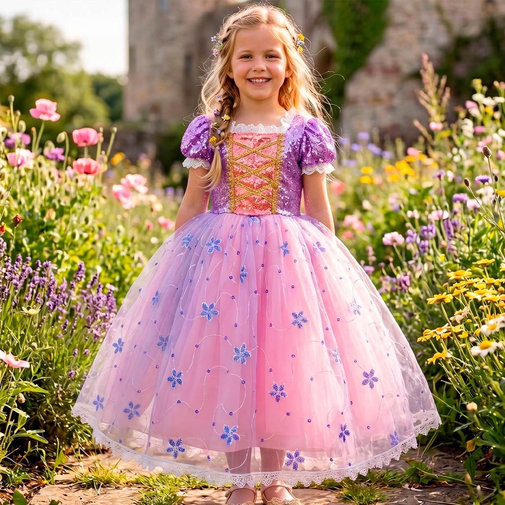 Fantasia Princesa Rapunzel Infantil pra Menina Vestido de Luxo Longo Detalhe Bordado