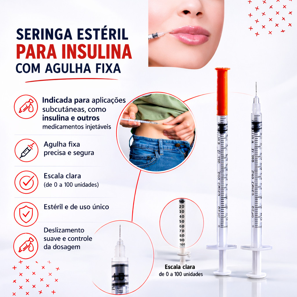 Seringa de Insulina 1ml 100UI com Agulha Fixa 8 x 0,30 - UltraFina.