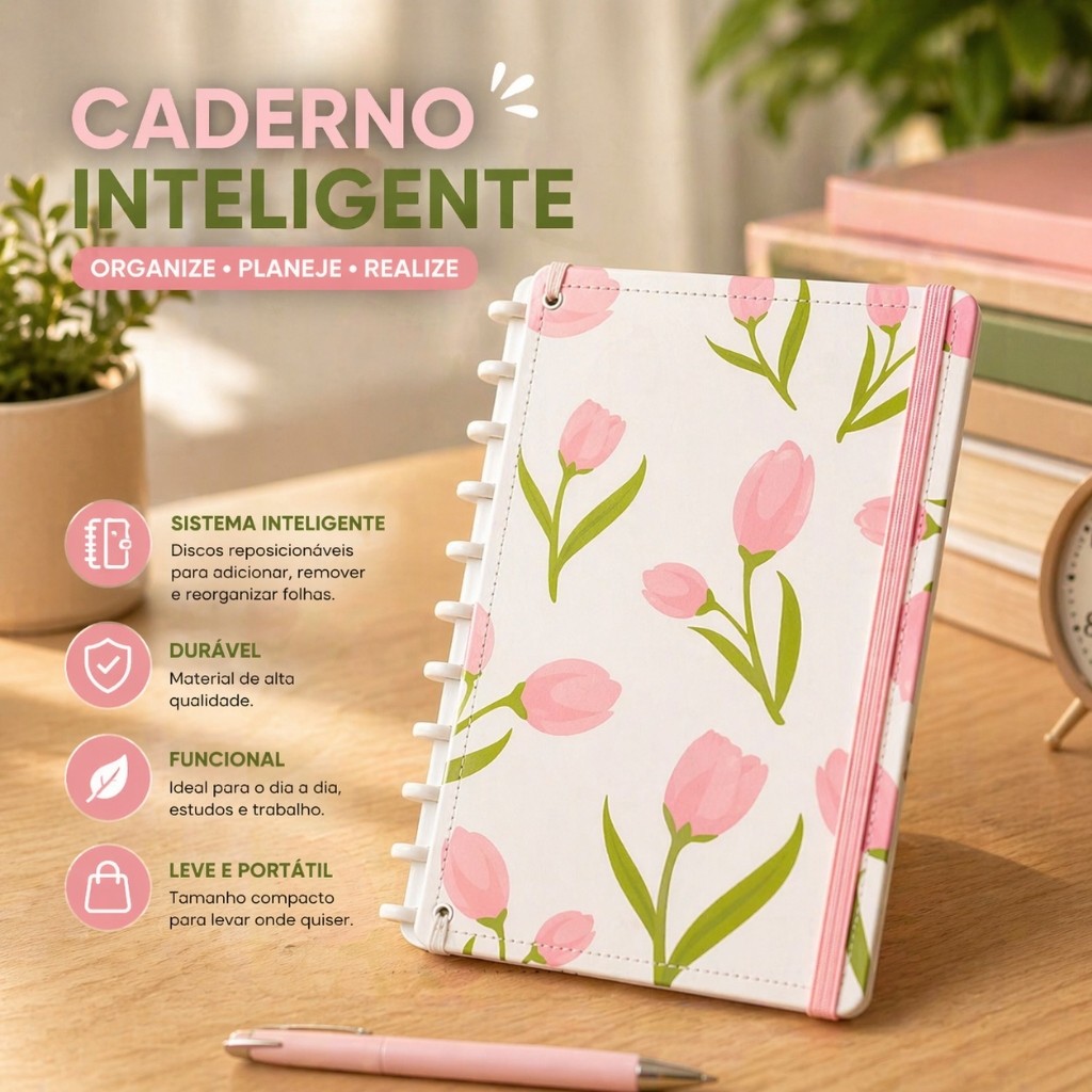 Caderno Reposicionavel Capa Dura Grande Disco Tulipa Floral Organizador Estudo Trabalho