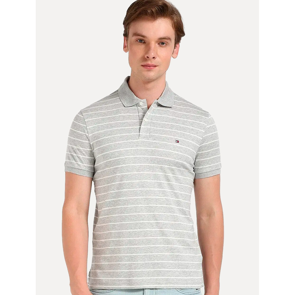 Polo Tommy Hilfiger Masculina Malha Liquid Cotton Striped Cinza Mescla