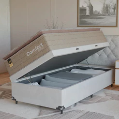 Cama Box Baú Solteiro + Colchão Comfort Class Pillow Top Bege/suede Branco