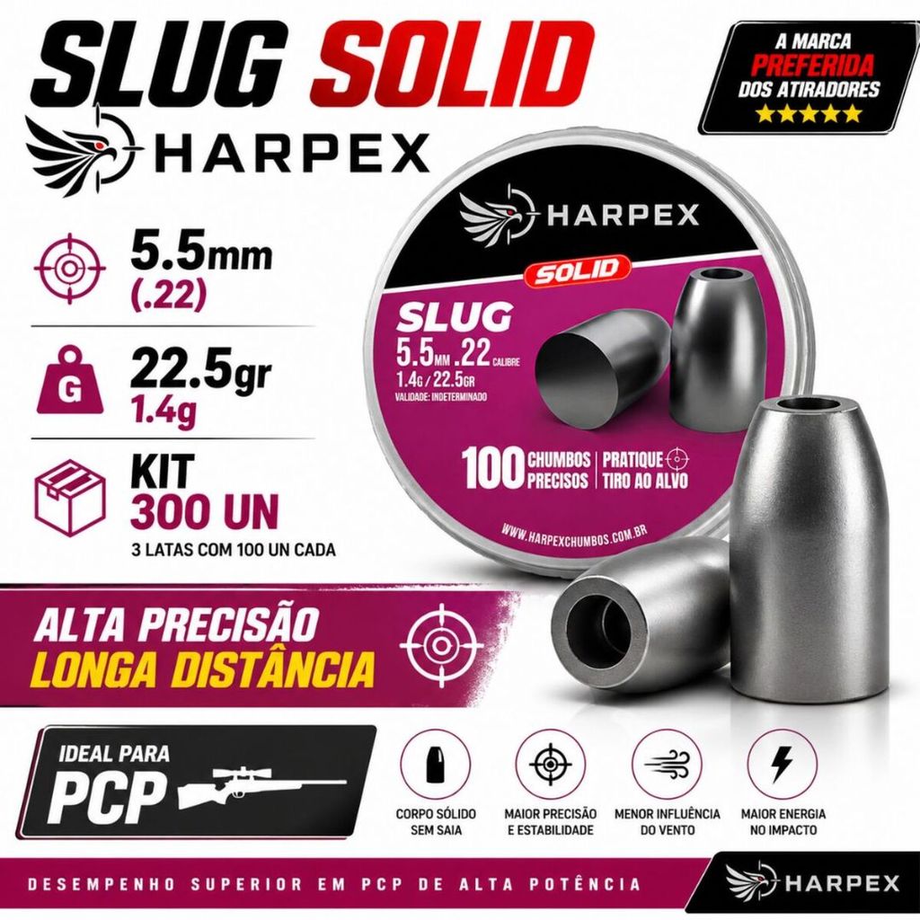 Kit 3x Chumbinho Slug 5.5mm Harpex 300un 22.5gr Alta Precisão PCP Longa Distância