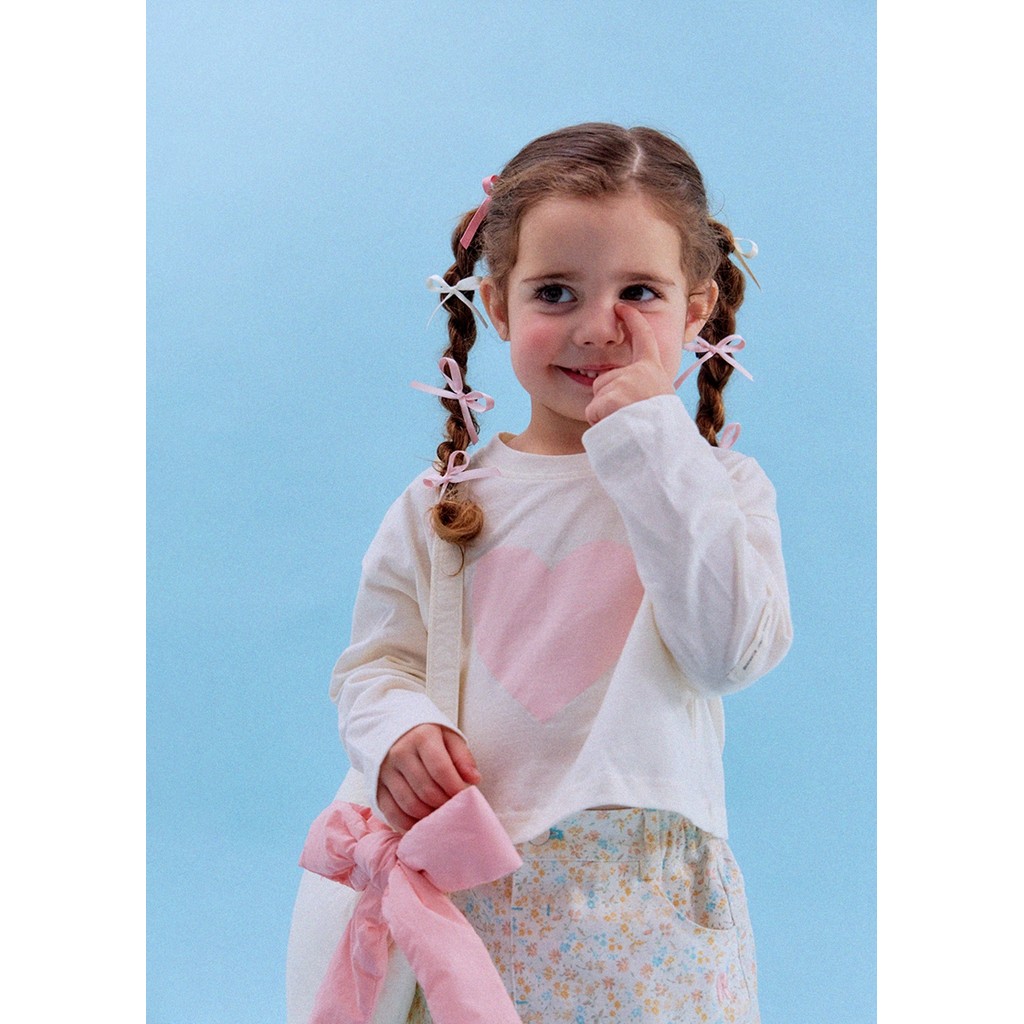 100-145 estilo coreano na moda crianças RJ meninas rosa amor coração curto versão solta pulôver manga longa camiseta