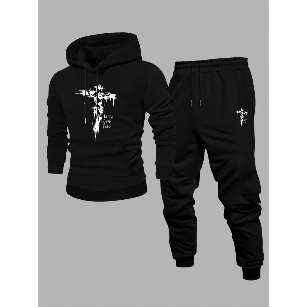 Conjunto Moletom Canguru Masculino Cruz Jesus Blusa De Frio + Calça Moletom Estampados Unissex Outono/Inverno