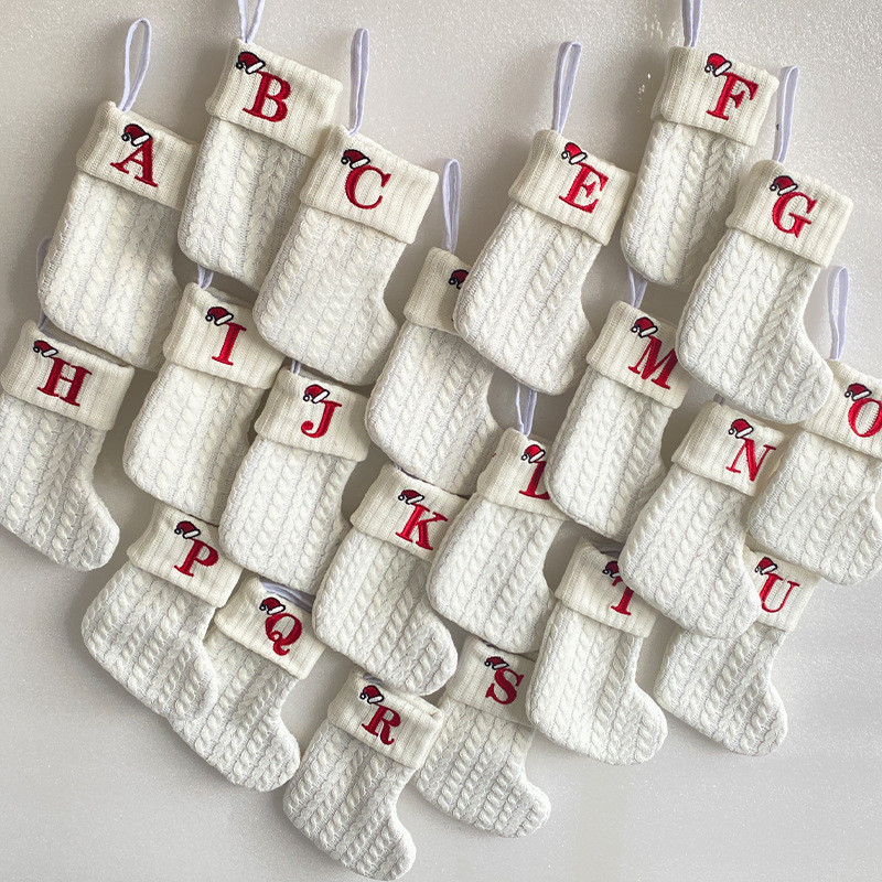 Decorações de natal meias de malha meias de lã letras bordadas crianças saco de presente de doces branco presente de est