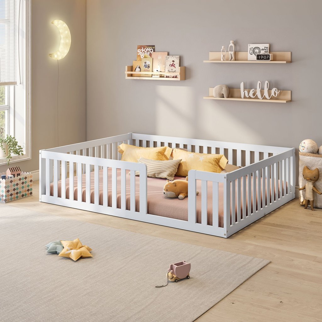 Cama Montessoriana Casal com Grade Giulia Casatema MadeiraOriginals Branco Branco