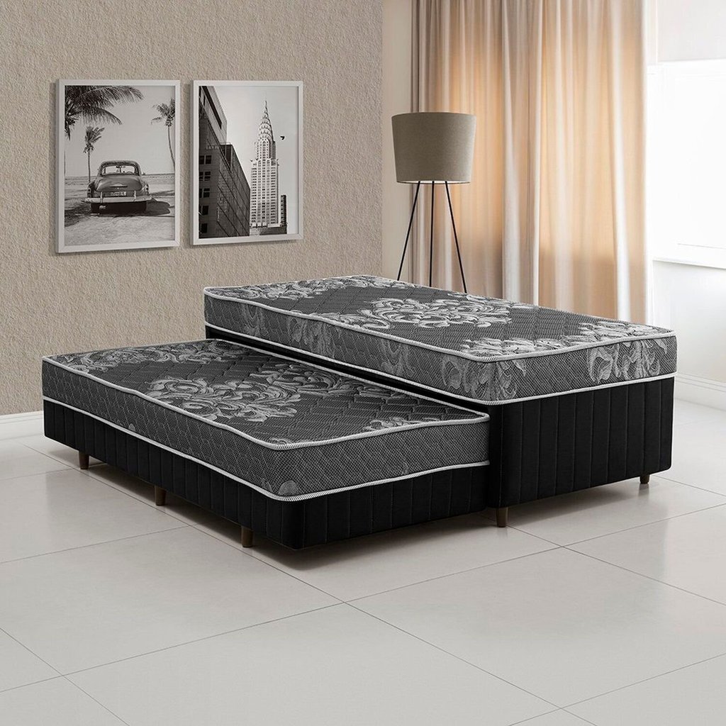 Cama Box Conjugada Solteiro 88CMX58CMX188CM Espuma D28 com Auxiliar Sensor Yescasa Preto Preto