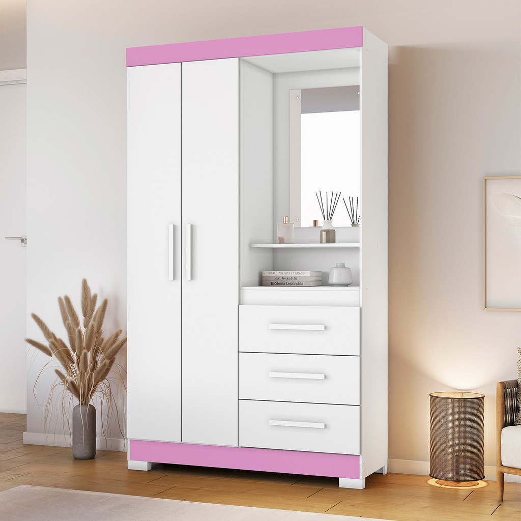 Guarda-Roupa Closet Roupeiro de Solteiro com Espelho 6020 2 Portas e 3 Gavetas Compacto Branco Com Rosa - Notavel · foto 2