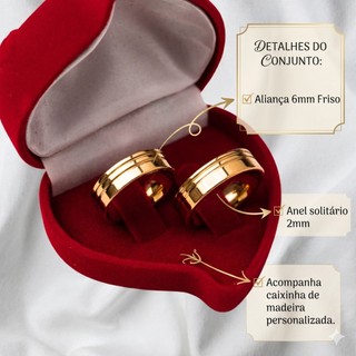 Par de Aliança banho Moeda Antiga Lisa 2 Frisos 6mm Noivado Casamento + Anel solitário e Aparador (COD-201)