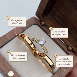 Par De Aliança De Casamento Chanfrada Com Solitário cravejado E Caixa Banhada A Ouro + Gravação (COD-05)
