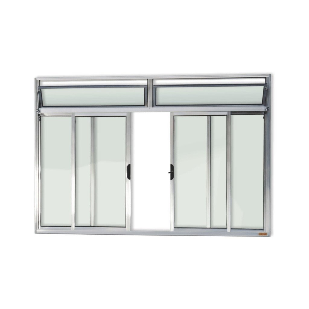 Janela de Aluminio de Correr com Bandeira 120x150cm 4 Folhas com Vidro Liso Plus Brimak Brilhante