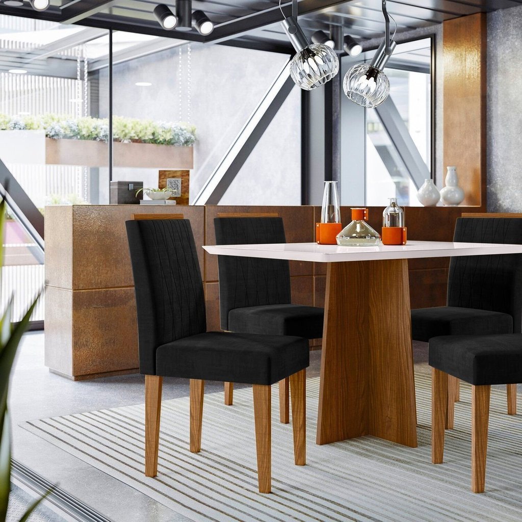 Conjunto Sala de Jantar Mesa Tampo Vidro/mdf Anitta 120cm com 4 Cadeiras Ana