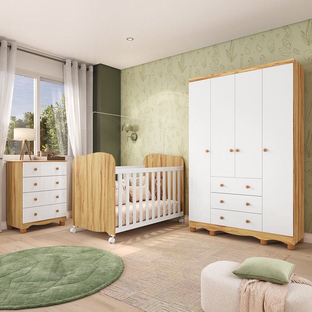 Quarto de Bebê Guarda-Roupa 4 Portas Cômoda e Berço Mimo MDF Espresso Móveis Branco Brilho/Amêndoa Branco/Amêndoa