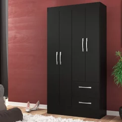 Guarda-Roupa Solteiro 4 Portas 2 Gavetas Conde Preto Preto