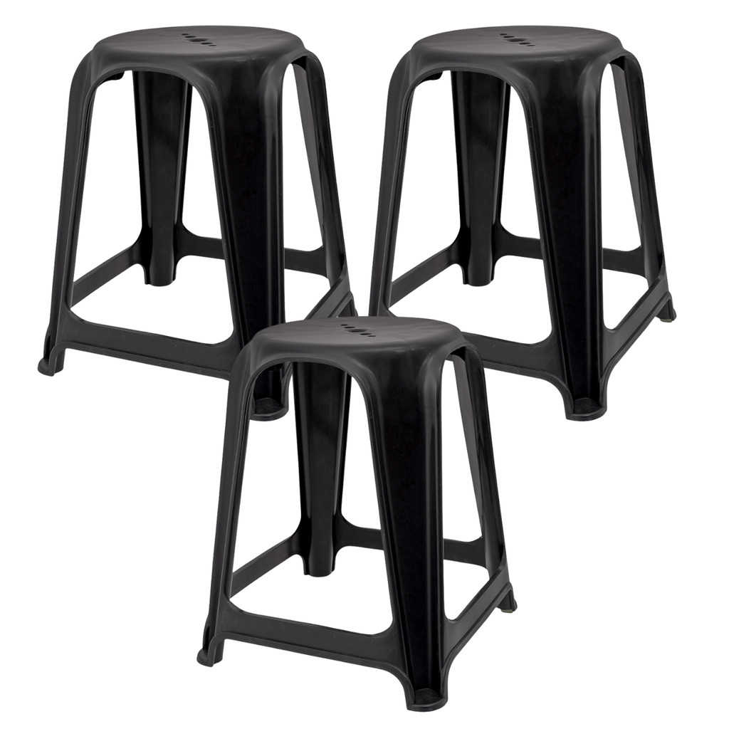 3 Banqueta Empilhável Banco Plástico Preta Moderna Até 120kg Banquinhos Banco