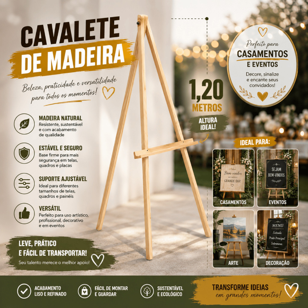 Cavalete Madeira Pinus 1,20m Suporte Ajustável Para Quadros Casamento Festa Decoração