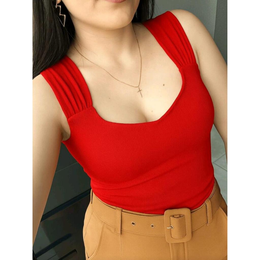 Blusa Cropped Femenina Ribana Canelada - Gola V Elegante, Alça Grossa com Forro * Moderna e Confortável
