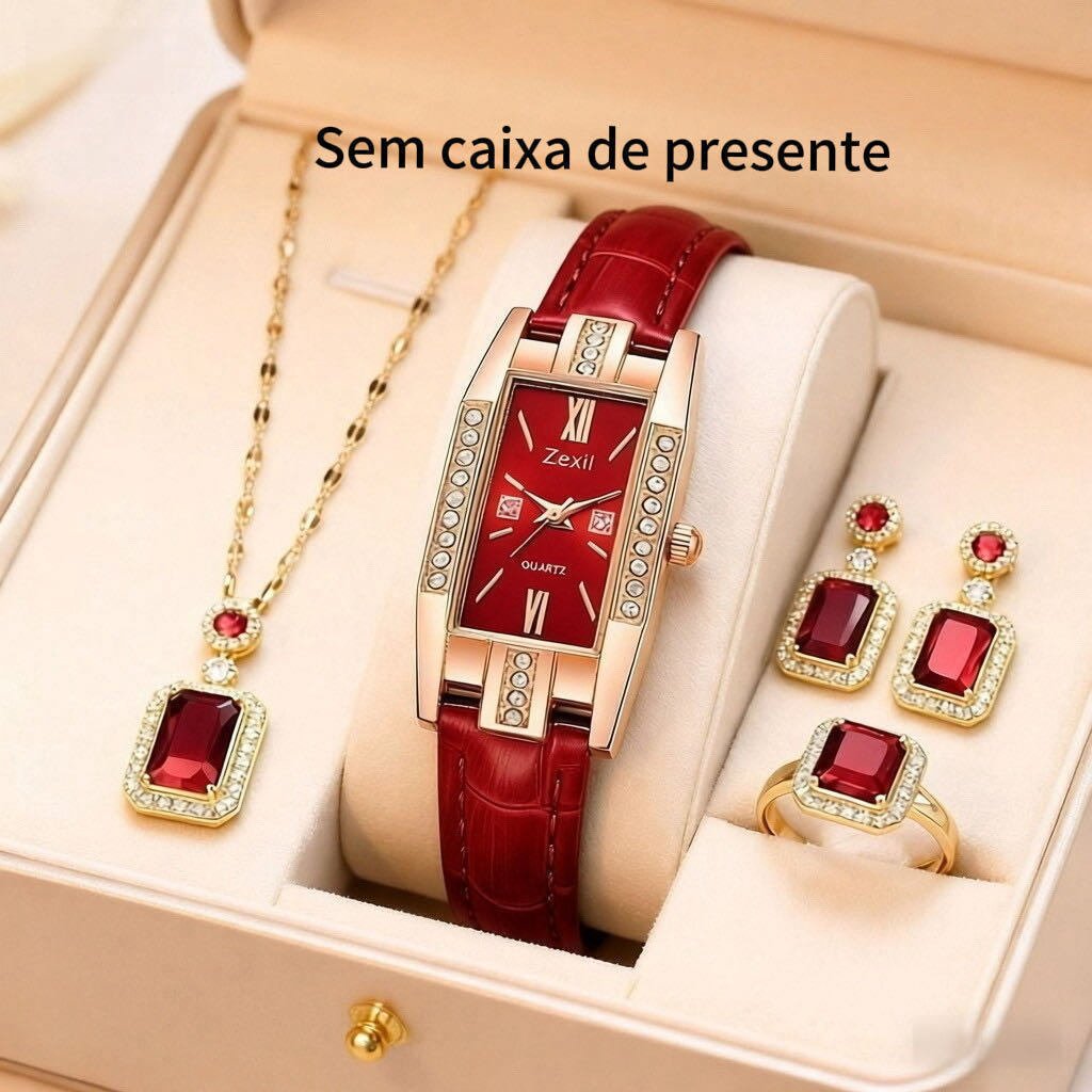 Relógio feminino retangular de quartzo com strass e pulseira de couro Fashion ModaAcessórios de joias femininas
