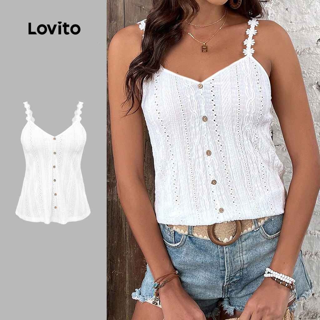 Lovito Top Casual de Renda com Botões Na Frente Branco de Primavera/verão para mulheres LK5LD173 em Oferta na Shopee