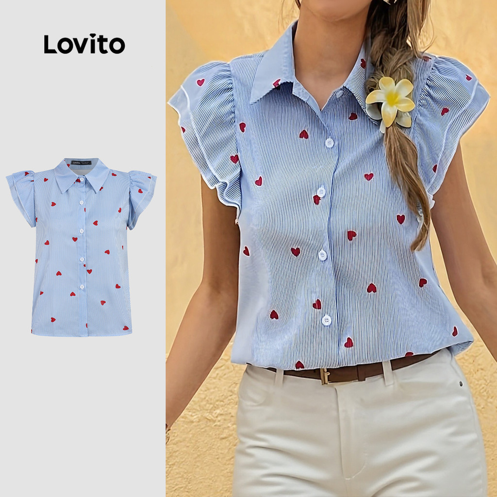 Lovito Blusa elegante dupla camada botão frontal coração primavera/verão blusa azul para mulheres LK3LD411