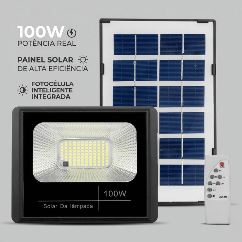 Solar Refletor Led Holofote 100w Placa Solar Ip66 Luminária Externa BF Fachada Garagem c/ Bateria