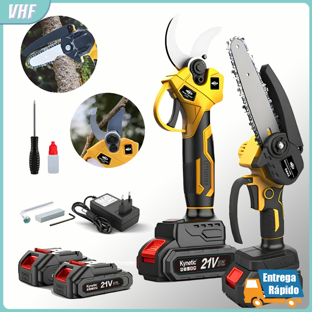 Kit Motosserra Elétrica e Tesoura de Poda Bivolt 2 Baterias Autonomia Ideal para Poda e Corte