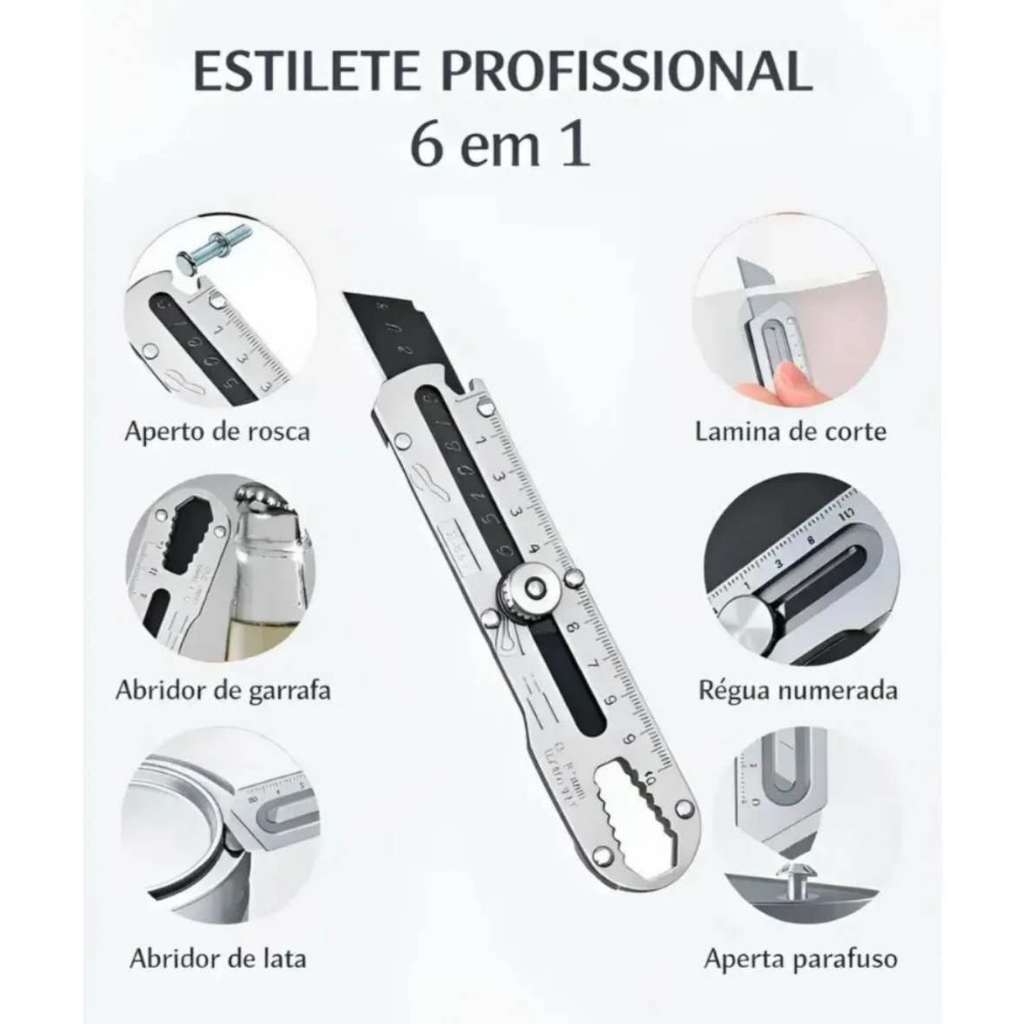 Estilete Profissional Com Trava Aço Inox Maciço Com Régua Abridor Chave Universal - Touro Shop