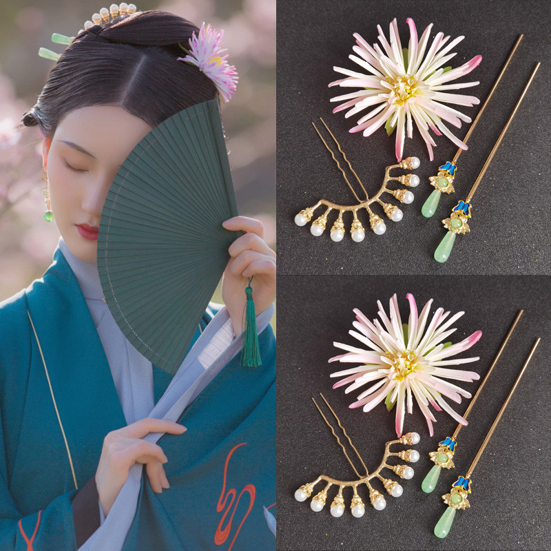 Antigo Hanfu saia Tannel colar cocar bela vara hairpin pérola linha hairpin flor u hairpin headdress combinação conjunto