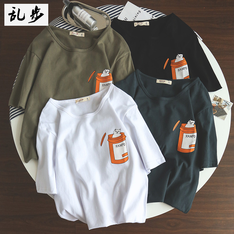 Ins mesmo estilo europeu americano Street Wear barato gato impresso camiseta meninos versão coreana solto puro algodão d