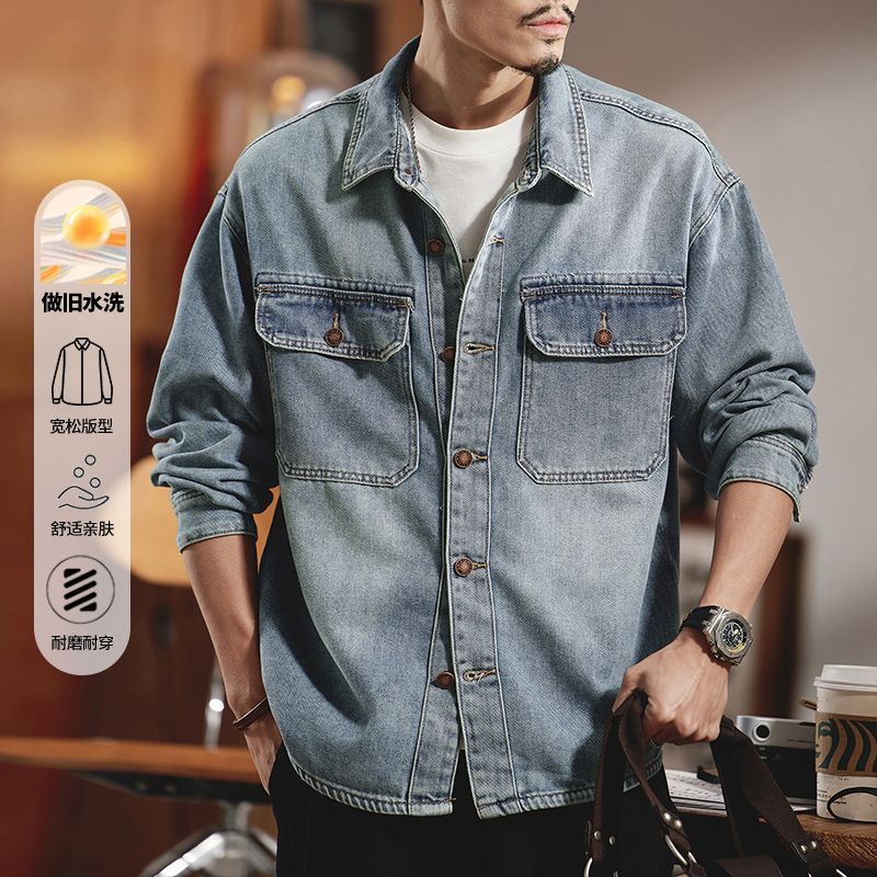 Jaqueta jeans masculina novo estilo primavera outono pesado solto resistente ao desgaste americano Retro ferramentas de 