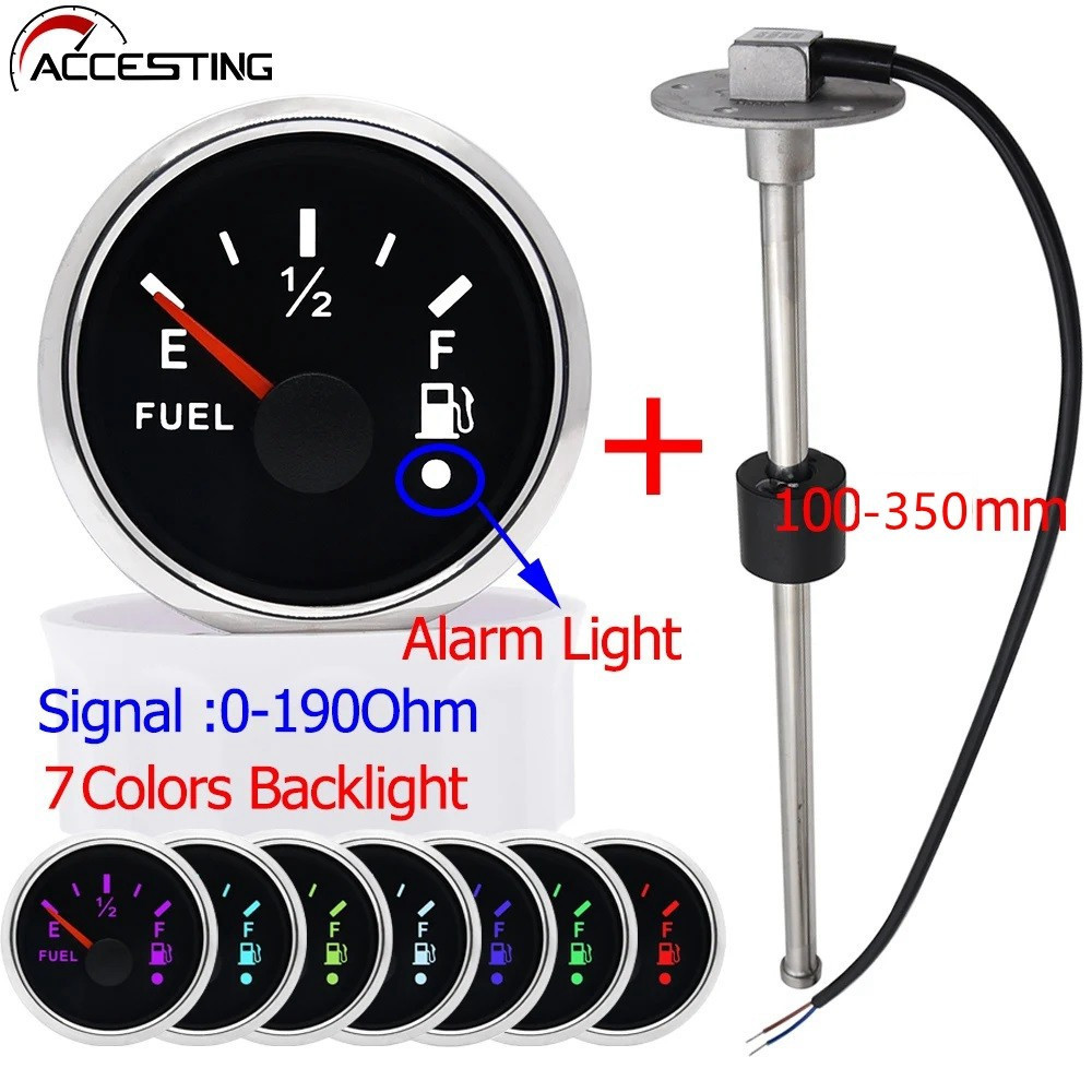 Medidor de Nível de Combustível de 7 Cores 100-450mm 52mm + Sensor de Boia 0-190 Ohm para Carro, Barco, RV H63J