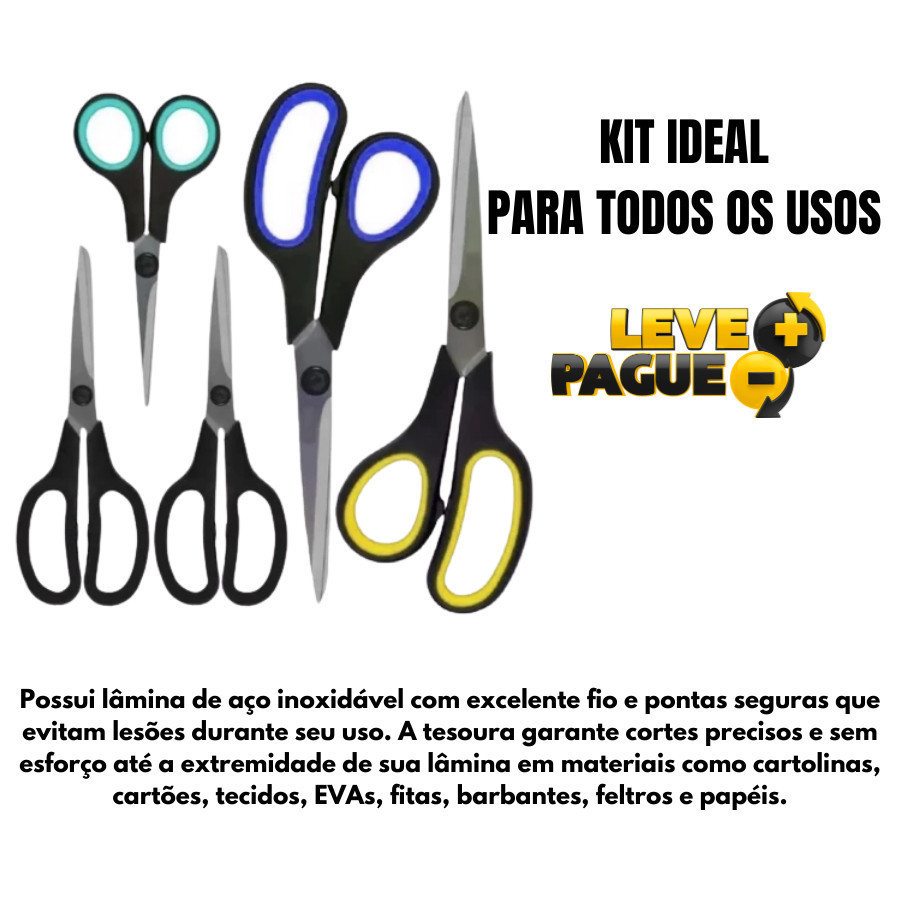 Kit 5 Tesouras de Aço Inoxidável Multiuso e Alta Durabilidade tesoura dia grande pequena tesoura para ter em casa 3302 — imagem 2 de 2