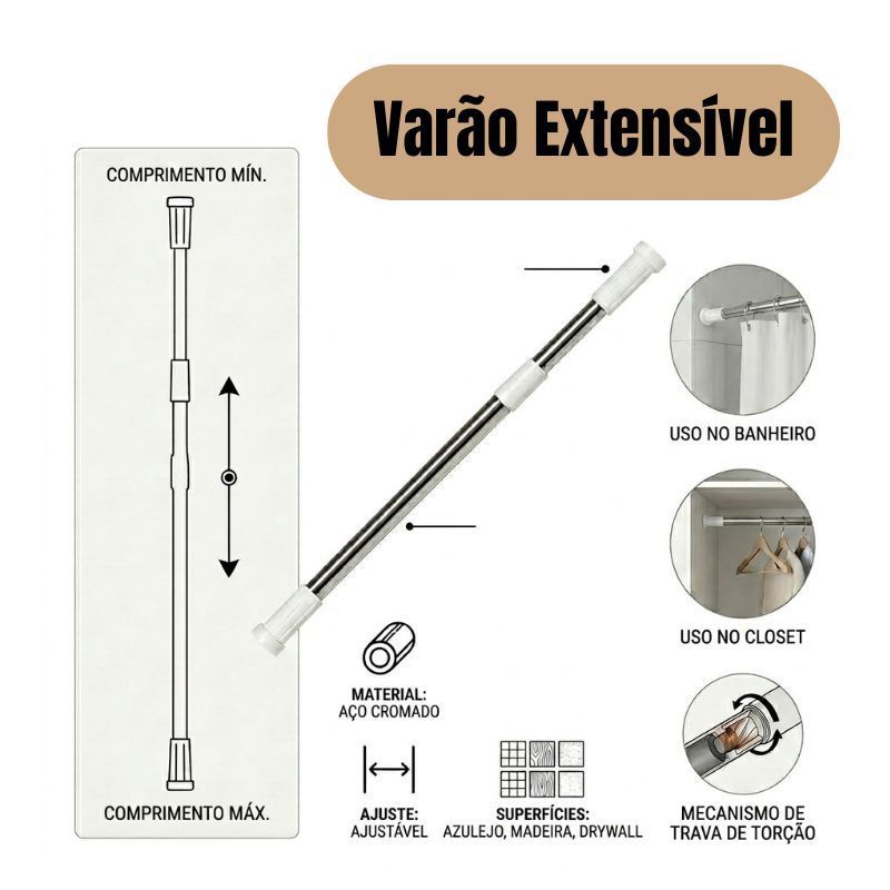 Varão Branco Extensível Resistente Porta Cortina Box Banheiro Multiuso Alta qualidade