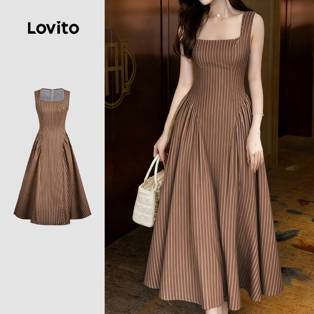 (Lovito x Ana) Vestido Casual de Verão/primavera para Mulheres com Pregas e Estr