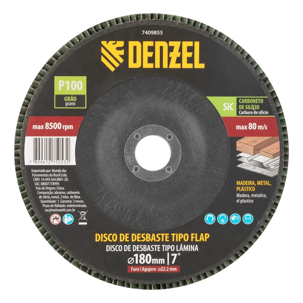 Disco Flap Desbaste Denzel Grão 100 180x22,2mm 1 Peça