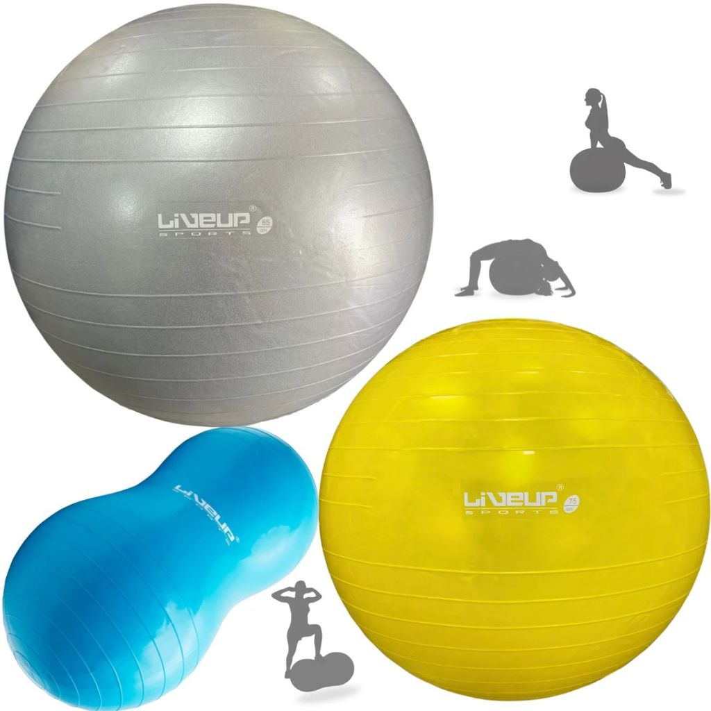 Kit 2 Bolas Suiças para Pilates 75cm e 85cm + Bola Feijão 90cm com Inflador